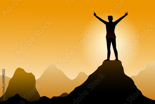 A person standing on the edge of a mountain feels victorious with arms up in the air, success, life goals, success concept.