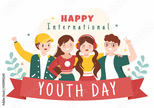 Happy International Youth Day Cute Cartoon Illustration with Young Boys and Girls For Campaign in Flat Style Background