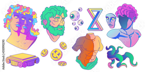 Psychedelic stickers with greek sculpture, eyeballs, tentacles and columns. Vector cartoon set of acid design badges with roman statues heads and torso isolated on white background