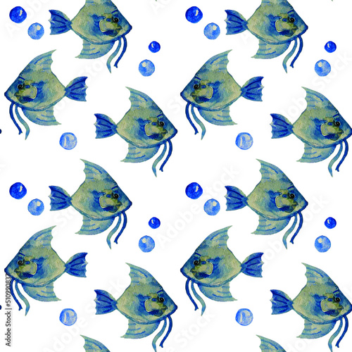 Vector seamless pattern with exotic fish. Watercolor illustration.