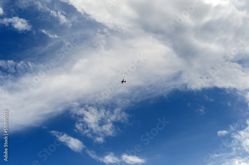 a small plane flies far in the sky on a clear summer day © DmitryDolgikh