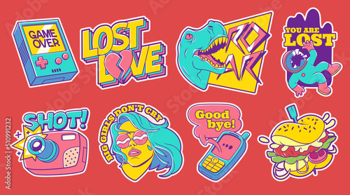 Trendy retro stickers with spaceman, camera, dinosaur and girl. Vector set of contemporary comic badge patches with hamburger and mobile phone. Kitsch art, psychedelic 90s design