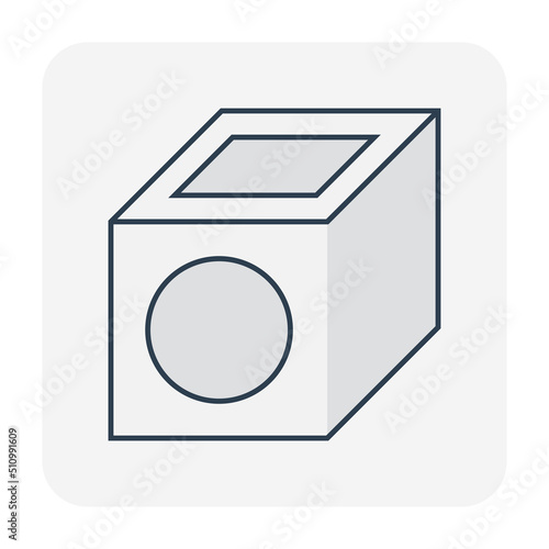 Precast concrete manhole product vector icon for access to cleaning by construction, install in stormwater, rainwater, wastewater or sewage drainage system by connection with sewer pipe, drain gutter.