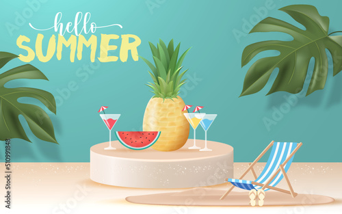 3D Realistic Summer Time Holiday Banner Design with Colorful Beach Elements Background. Vector Illustration. Summer Sale, Post Template, 3D Tropical Element. 