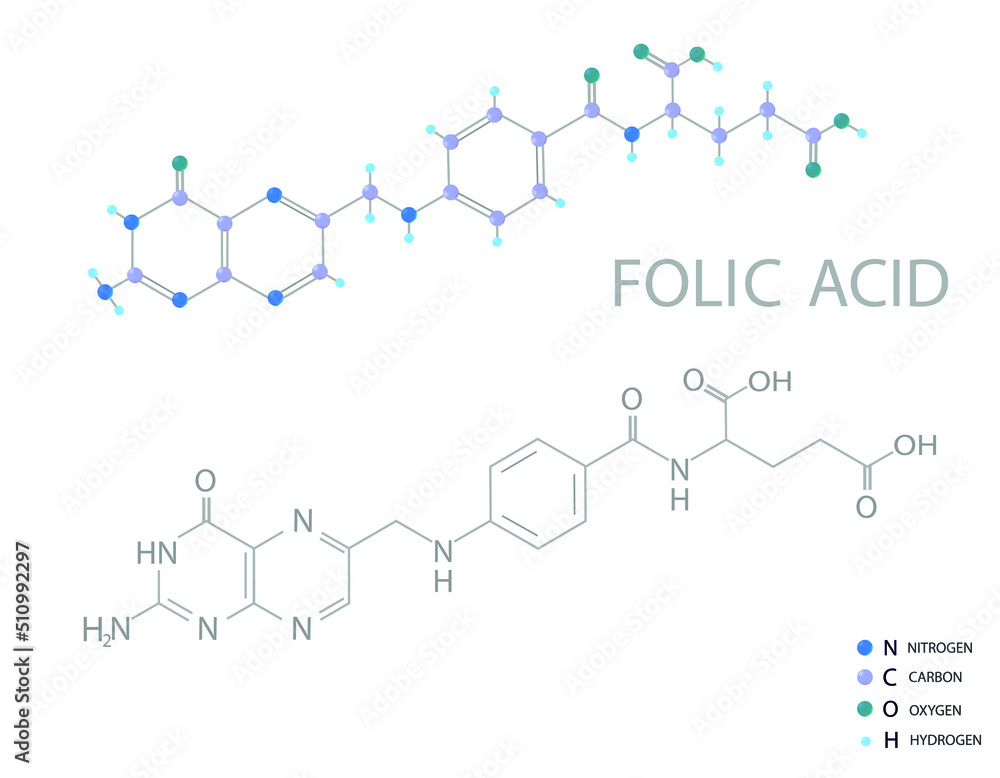 Folic acid molecular skeletal 3D chemical formula.	