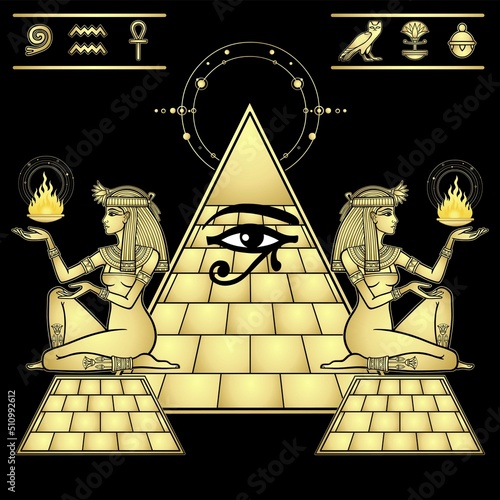 Mystical color drawing: girls priests guard the Egyptian pyramid. Eye of Horus. Ritual fire, set of hieroglyphs. Vector illustration isolated on a black background. Imitation of gold.
