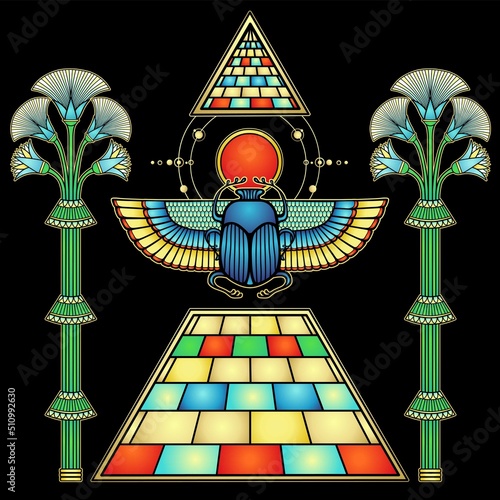 Animation color drawing: Divine scarab beetle sits atop  pyramid holds disk of sun. Ornamental trees. Vector illustration isolated on a black background. Print, poster, T-shirt photo