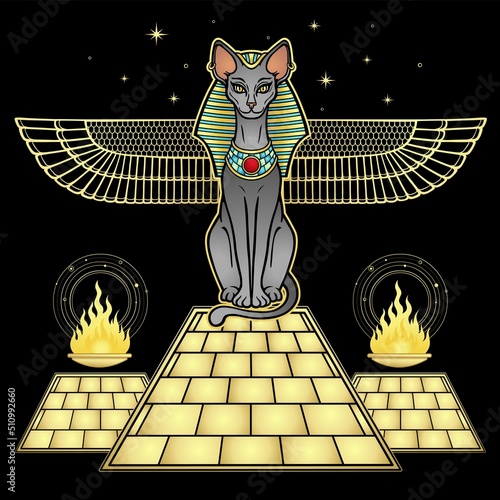 Mystical color drawing: Sacred cat  goddess Bastet guard the pyramid.  Ritual fire. Vector illustration isolated on a black background. 