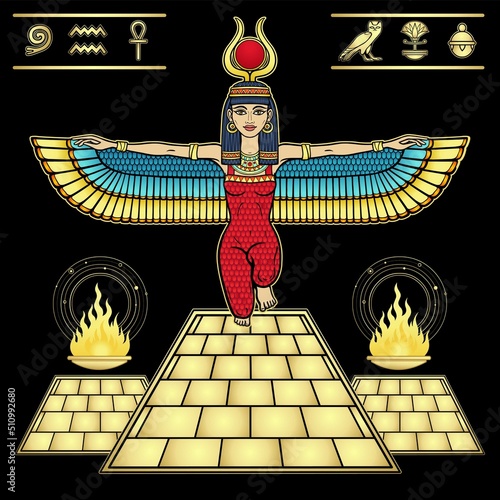 Mystical color drawing: winged goddess Isis at top of the Egyptian pyramid. Ritual fire, a set of hieroglyphs. Vector illustration isolated on a black background. Imitation of gold. 