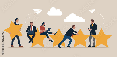 Rating on customer service illustration. Five big stars with people sitting on them and giving reviews on their lap tops and smartphone. Concept of feedback, testimonials messages and notifications.