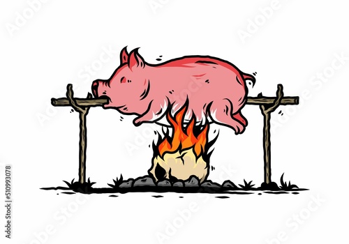 Pork roast on fire illustration design