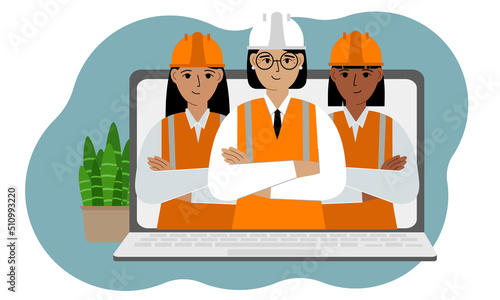The concept of online consultation in construction. Laptop with a picture of a team of civil engineers.