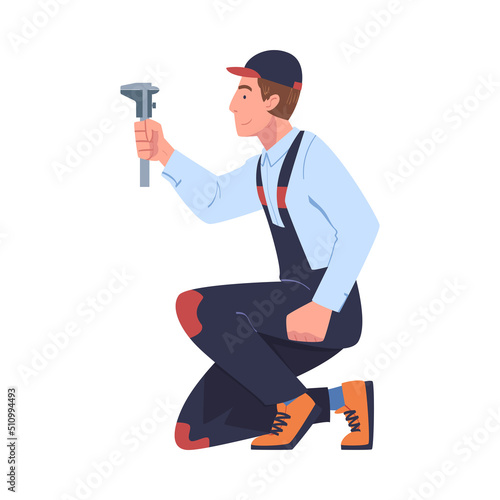 Man Character in Overall and Cap Working with Measurement Tool Vector Illustration