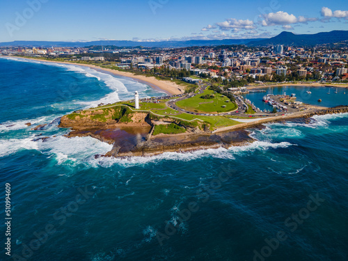Leinwand Poster Aerial drone view of Flagstaff Point Lighthouse at Wollongong on the New South W