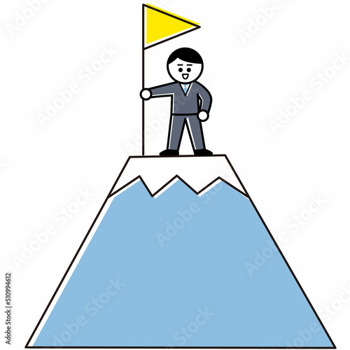 Man with yellow flag on maintain peak, goal achievement or success, businessman, ゴール、成功のイメージ、山の頂上で黄色い旗を持つビジネスマン