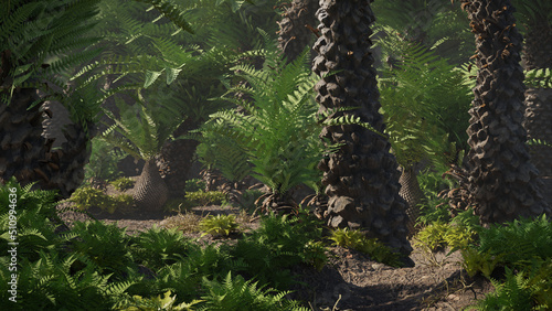 triassic forest with prehistoric tree fern photo