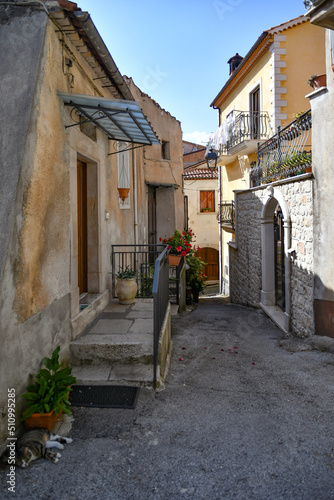 A narrow street between the old houses of Teggiano, a medieval village in the mountains of Salerno province, Italy.