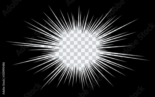 Manga speed burst frame. Radial anime speed lines. Crash zoom effect for comic book. Radial lines overlay template. Manga brust frame. Boom effect. Vector illustration on transparent background.