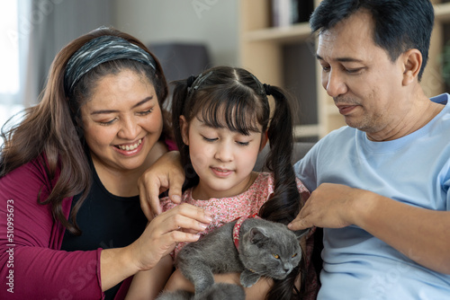 Close up of asian family with child daughter playing with pet cat in living room at home. Smiling parents and teen girl kid embracing cute cat. Happy father, mother and daughter enjoy with cute cate.