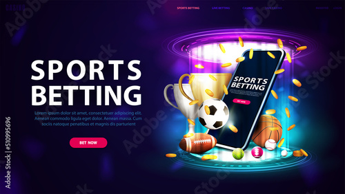 Photo Sports betting, banner for website with button, smartphone, champion cups, falli