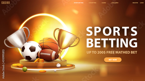 Foto Sports betting, yellow banner for website with button, podium with yellow neon r