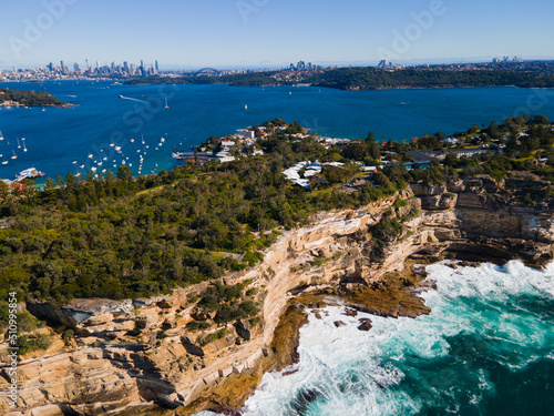 Photography Aerial drone view of Watsons Bay in East Sydney, Australia along the coastal cli