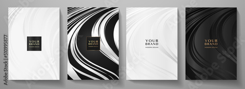 Premium cover design set. Wavy background with line pattern (wavy curves). Luxury vector in black, silver, white colours for business background, sport brochure template, planner, flyer a4, music post