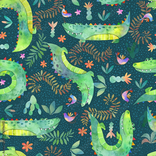 Watercolor joyful tropical seamless pattern, crocodile and bird cute jungle background