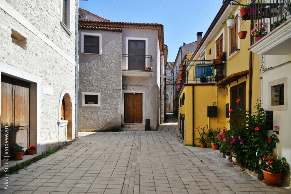 A narrow street between the old houses of Teggiano, a medieval village in the mountains of Salerno province, Italy. A narrow street between the old houses of Teggiano, a medieval village in the mountains of Salerno province, Italy.