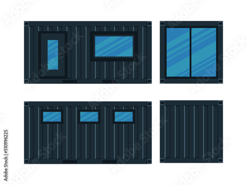 House, Cafe of black cargo container. Single storey building with a veranda out of container for ship isolated on a white background. Vector illustration.