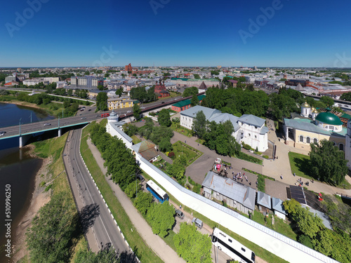 Panoramic drone views of city blocks  recreation parks and the Yaroslavl embankment