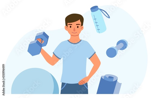 A young man or boy with dumbbells, yoga mat, boll and bottle of water. Fitness sport lifestyle concept. Vector illustration for website, banner or flyer design.