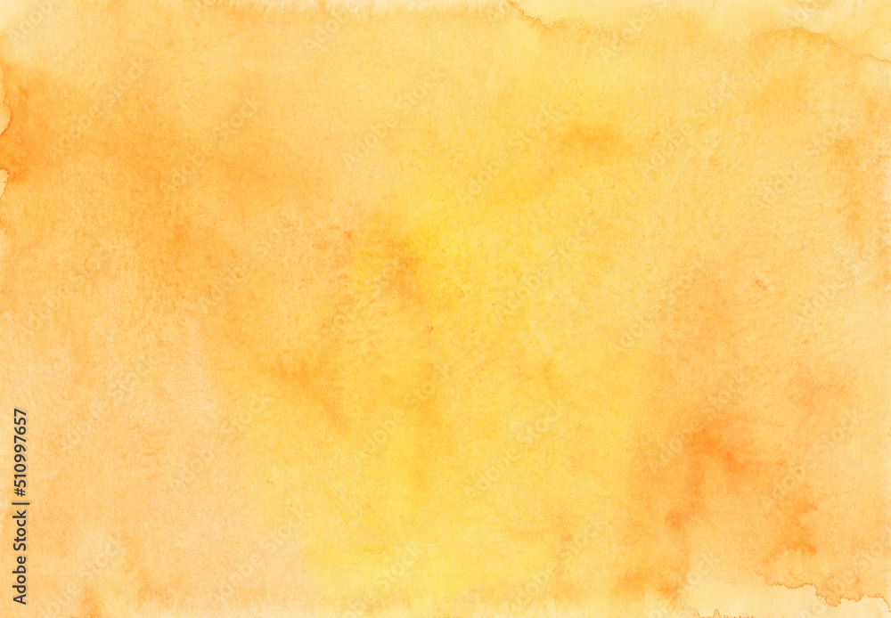 Bright orange and yellow watercolor background texture, hand painted. Artistic backdrop, stains on paper. Aquarelle painting wallpaper.