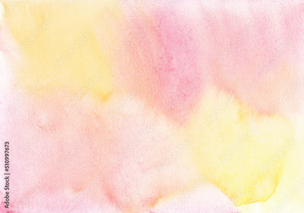 Watercolor pastel yellow and pink background texture. Light peach stains on paper, hand painted.