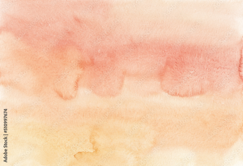 Watercolor pastel peach color background texture. Light orange stains on paper, hand painted.