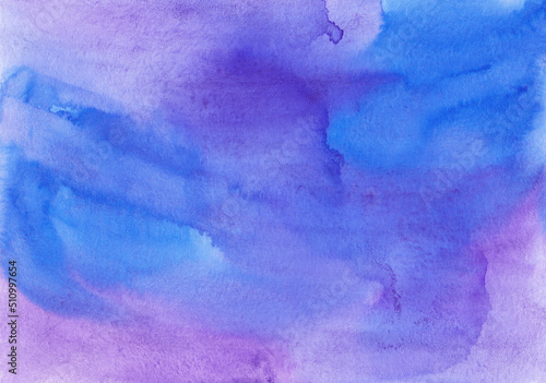 Watercolor deep blue and purple background texture. Stains on paper, hand painted.