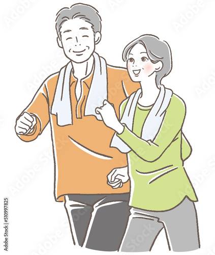 運動するシニア夫婦　長袖