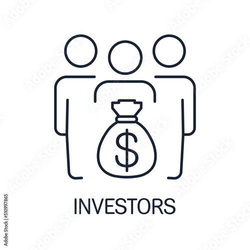 A group of people with money. Investors, depositors. Vector linear icon isolated on white background.