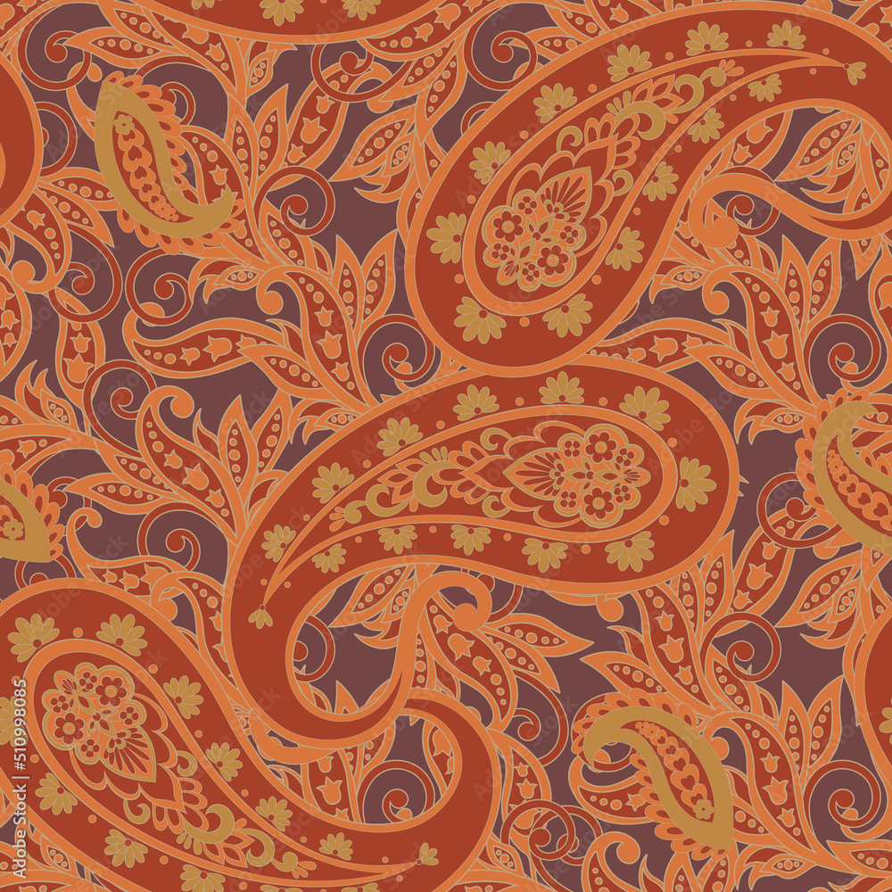 Floral fabric background with paisley ornament. Seamless vector pattern