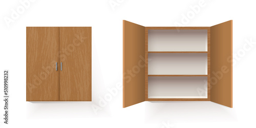 Vector illustration of isolated Wooden cupboard closed and opened