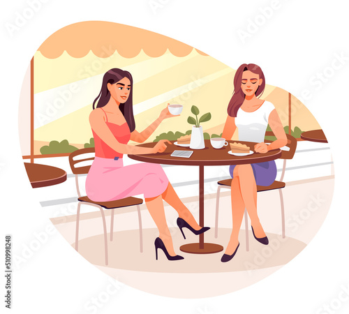 Girlfriends meeting in coffeehouse in morning. Girls drink coffee in a coffee shop. Girls talking, sitting at summer cafeteria terrace. Cartoon vector illustration.