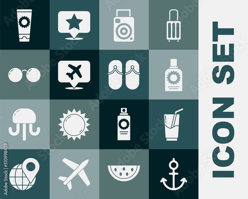 Set Anchor, Cocktail and alcohol drink, Sunscreen spray bottle, Photo camera, Speech bubble with airplane, Glasses, cream tube and Flip flops icon. Vector