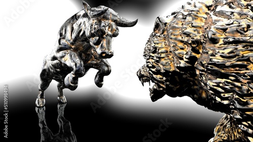 Metallic Silver bull and bear sculpture staring at each other in dramatic contrasting light representing financial market trends under black-white background. Concept images of stock market. 3D CG.