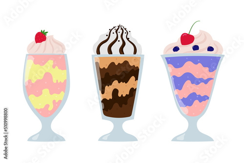 Milkshake collection. Cherry and bilberry, strawberry and banana, chocolate milkshake. Cartoon summer desserts with cream.