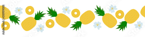  Pineapple seamless border. Cartoon whole fruit, slices and flowers on white background