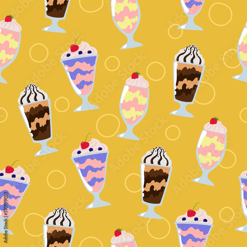 Milkshakes seamless pattern. Cartoon summer desserts with cream on yellow background. 