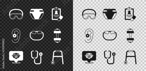 Set Eye sleep mask, Adult diaper, Medical prescription, Grandfather, Stethoscope, Walker, Hearing aid and Eyeglasses icon. Vector