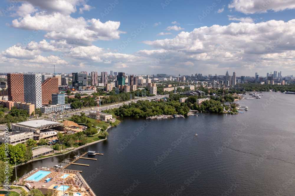 Panoramic drone views of city blocks, recreation parks and the Moscow embankment