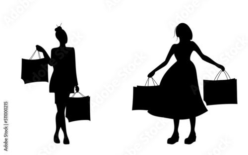 Happy girls gone shopping silhouette set. Vector illustration.