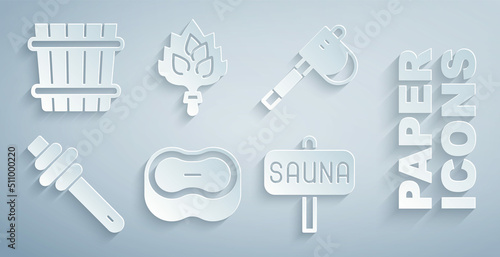 Set Bar of soap, Wooden axe, Honey dipper stick, Sauna, broom and bucket icon. Vector